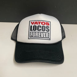 Manic Hispanic "Vatos" Embroidered Patch  Trucker Hat (White)